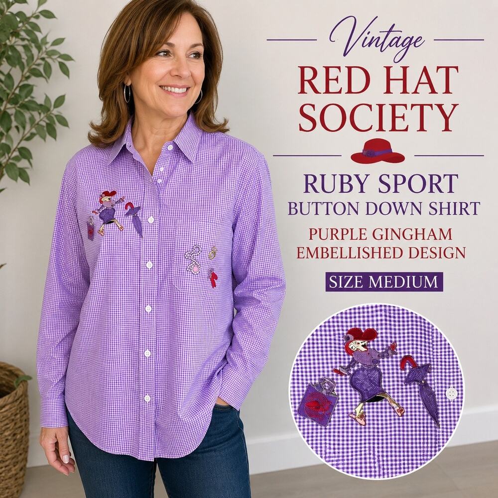 Vintage Red Hat Society Ruby Sport Purple Gingham Button Down Embellished Shirt